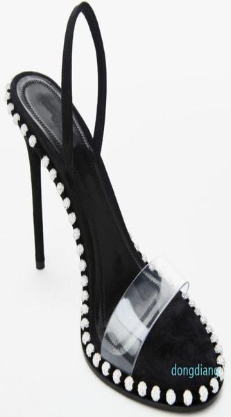 

fashion agrade rhinestone real leather studded sling back sandals sandals nova high heels7667310, Black