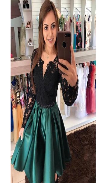 

short prom dresses 2020 evening dresses dubai party gala dress a line green satin and black lace6543432