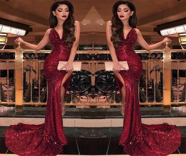 

2019 burgundy v neck sequin mermaid prom dresses split high slits vestidos de fiesta sweep train formal long evening party prom go5890267, Black