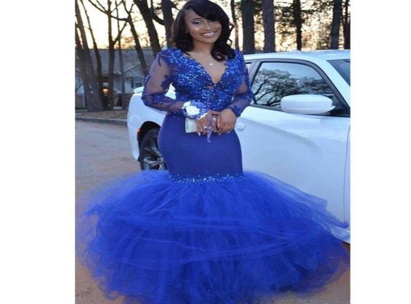 

vintage royal blue mermaid prom dresses with full sleeve deep v neck appliques puffy bottom africa dress plus size satin evening p3596436, Black