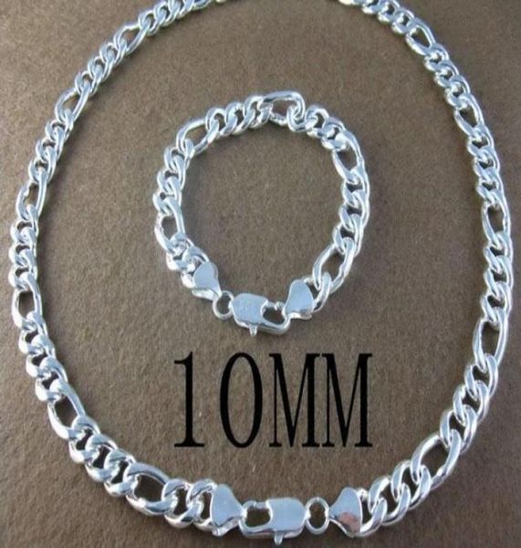 

vintage jewelry set 925 silver cool 10mm mens figaro chain necklacebracelet 228with box6758960