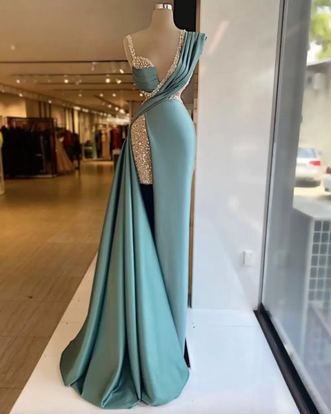 

new evening dresses formal prom party gown mermaid v-neck floor-length sweep train beaded crystal long backless split custom, Black