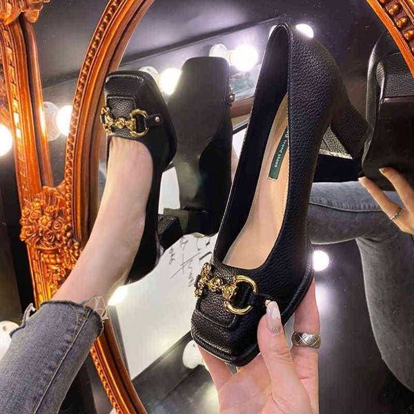 

new dres shoe metal buckle temperament high heel women 2022 new fashion thick heel mary jane small leather shoe square toe 220729, Black