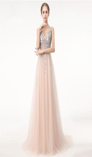 

elegant evening formal dresses 2018 chmapgne tulle prom dresses floor length bead v neck party robes de demoiselle d039honneur 6024599, Black