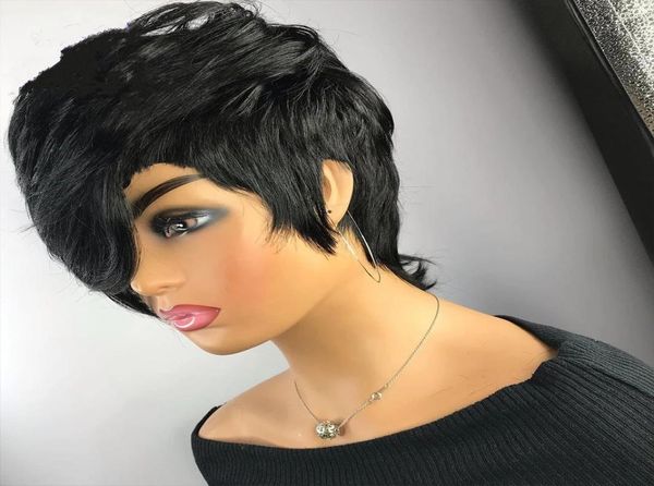 

short wavy bob pixie cut full machine made non lace front human hair wigs with bangs for black women remy brazilian1466124, Black;brown