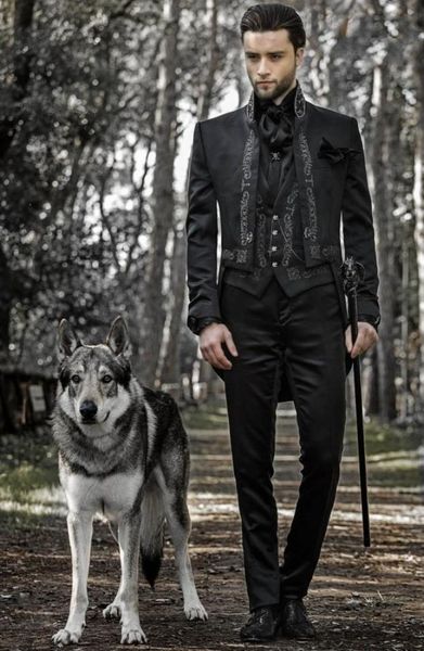 

embroidery full black mens morning tailcoat three pieces jacketpantvest formal business tuxedos office costume bridegroom clot2510378, Black;gray