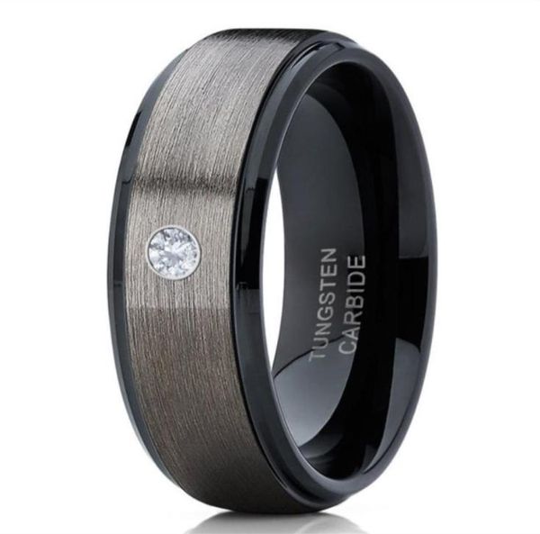

men039s 8mm silver brushed black edge tungsten carbide ring diamond wedding band jewelry for men us size 6136642648