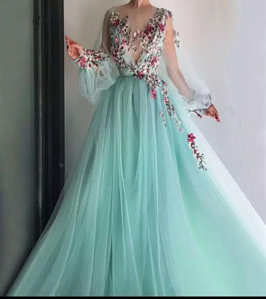 

2020 new pretty mint green floral embroidery lace prom dresses puff full sleeves illusion oneck aline party dress vestido format7258623, Black