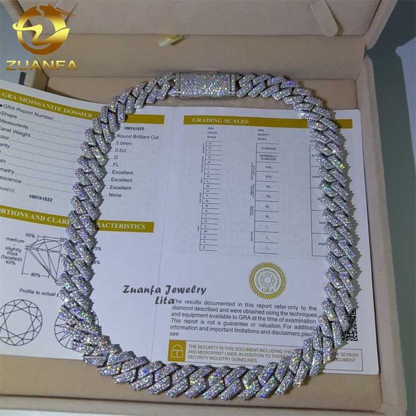 

fine jewelry iced out mens necklace 15mm 3 rows moissanite hip hop 925 silver cuban link chain