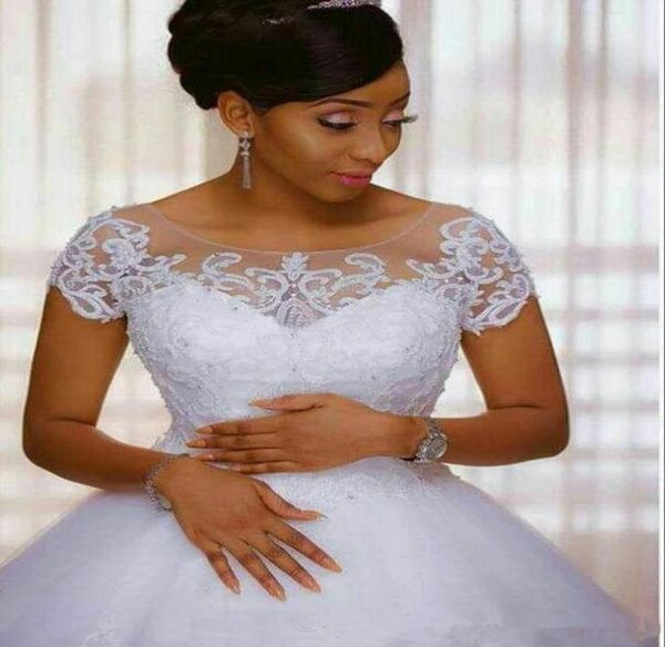 

vintage lace a line wedding dresses jewel with short sleeves appliues beaded floor length white tulle wedding bridal dresses9636197