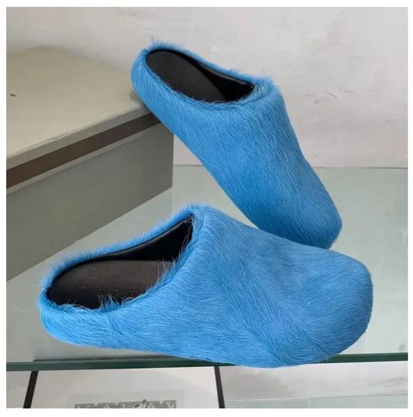 

fashion fur slippers women round toe horse hair slides female mohair black rose red green mules shoes flat half slipper woman casual plush s