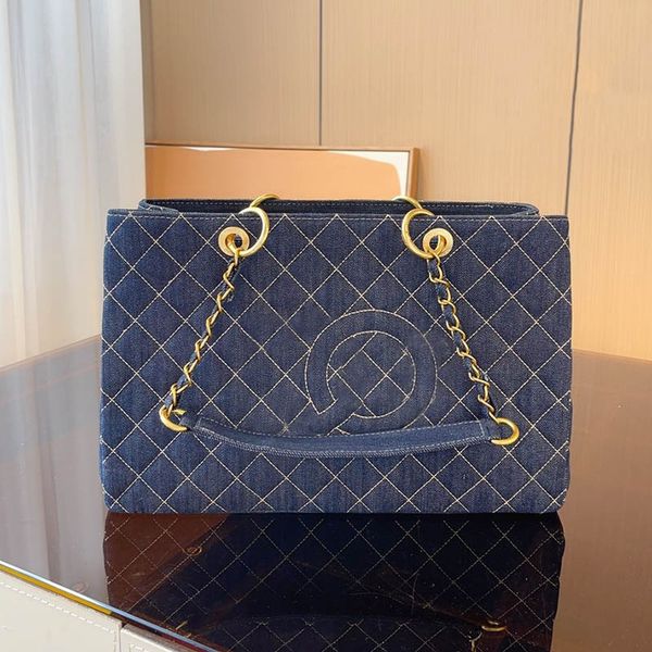

39cm dark blue denim ladies large tote bag diamond lattice quilted outdoor travel shoulder bag letter embroidery designer crossbody large ca
