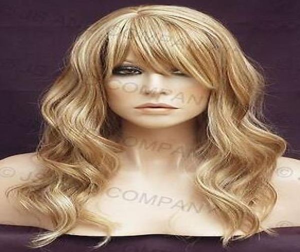 

human hair blend wig wavy pale blonde heat safe bangs wbwv 6132832034, Black;brown