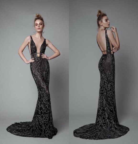 

black berta evening gown deep v neck backless illusion mermaid dresses evening wear full beads elegant prom dress formal occa5851933, Black;red