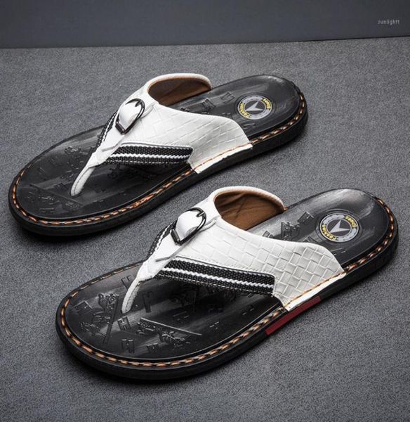 

weh shoe brands men039s flip flops genuine leather luxury slippers beach casual sandals summer for men fashion shoes white19285089, Black