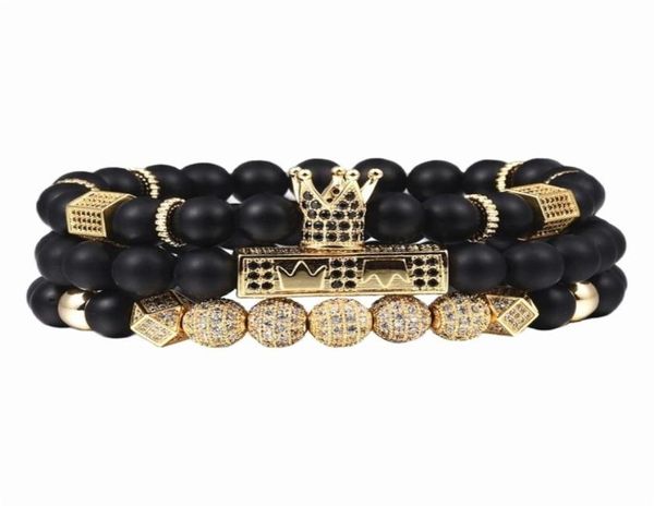 

3pcsset men woman bead bracelet royal crown charm bangle natural beads buddha bracelet for women and mens pulseras masculina y20093491679, Black