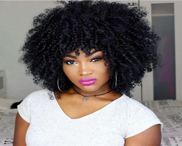 

ladies hairstyle soft indian hair afro african american short bob kinky curly simulation human hair curly full wig8882566, Black