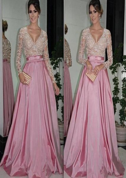 

pink prom dresses long sleeves 2021 sparkly sequins lace applique satin ribbon floor length deep v neck custom made evening p9321623, Black