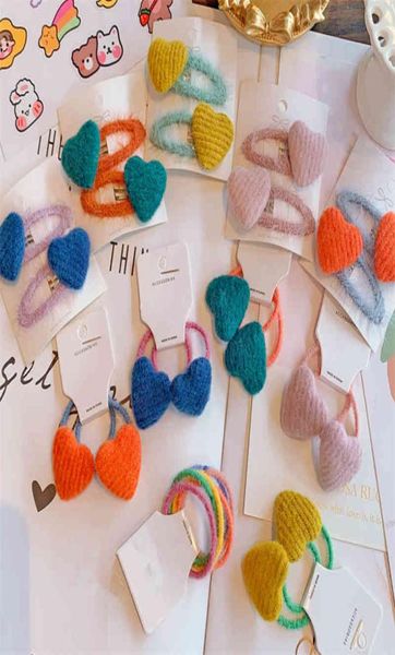 

5setlot new korea winter plush heart elastic hair rope candy color bb clips pony tail holder hairpins girls barrettes hairgrip2674029, Pink