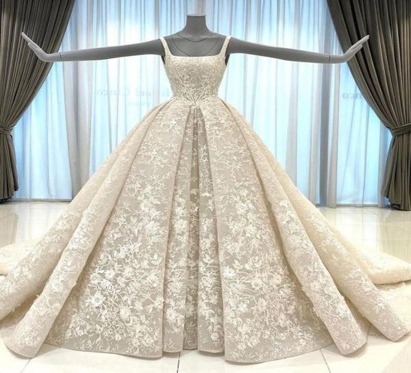 

romantic lace wedding dresses modern a line spaghetti straps 3d appliques ruched long bridal gowns dubai arabic open back robes de8119071, White