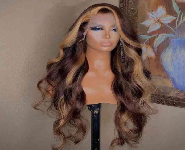 

brown highlight color skunk stripe wavy style indian human hair 134 transparent hd swiss lace frontal wigs40474732168344, Golden;white
