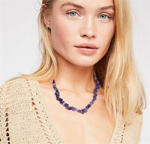

spring and summer new beach style necklaces special shaped crushed stone amethyst string female clavicle chain crystal necklace je1714031, Silver