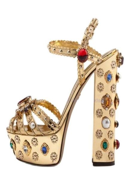 

sandals gold crystal pearl decor platform heels chunky heel women summer luxury colorful1121081, Black