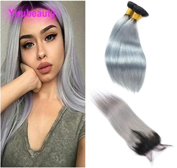

peruvian unprocessed human hair 3 bundles with 4x4 lace closure 1bgrey straight virgin hair 1b grey two tones color 1026inch3119322, Black;brown