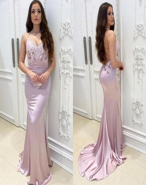 

pink mermaid prom dresses long halter neck sweep train elastic satin lace appliques beads formal evening party gowns special occas8865586, Black