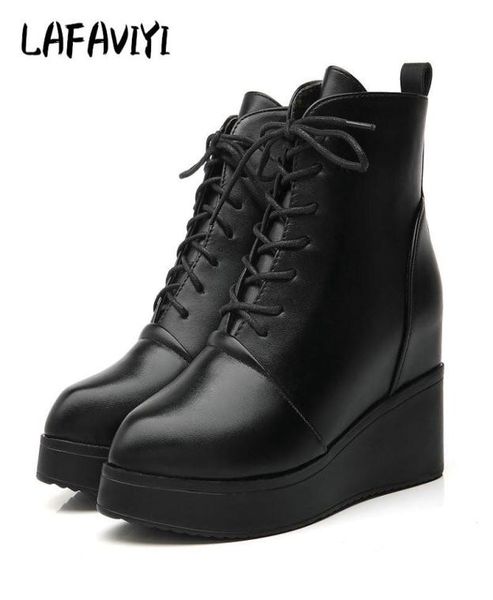 

boots 2021 fashion ankle winter pointed toe quality leather platform laceup spring autumn ladies size 34406392558, Black