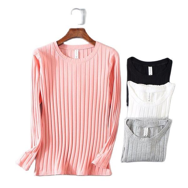 

t-shirt kt01 spring ribbed striped elastic t shirt women casual long sleeve shirt cotton tshirts knitted blusas plus size, White