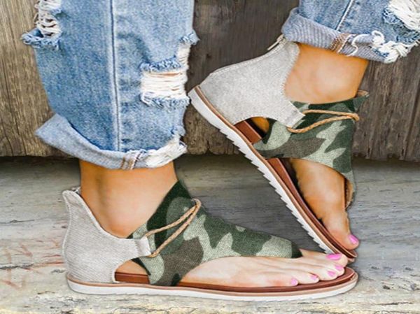 

2021 new summer women039s sandals retro roman style camouflage flipflops comfortable zip flat sandals8640607, Black