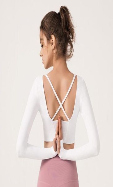 

yoga longsleeved tshirt with chest pad crossbody sports quickdrying running fitness gym clothes women shirts3774151, White;red