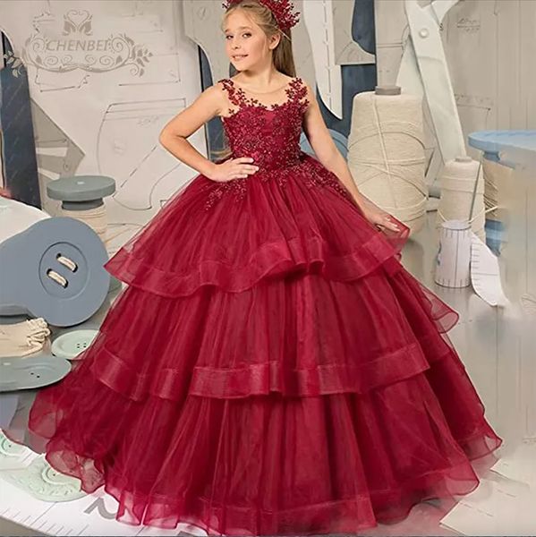 

bugurndy flower girls dress ball gown lace-up back layers tulle with applique champagne black, White;blue