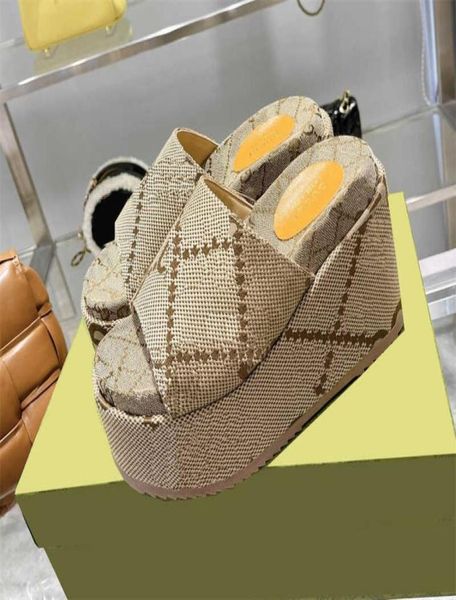 

womens fashion slippers 55mm platform sandals canvas wedges with box and dust bag jackdhstore8453791, Black