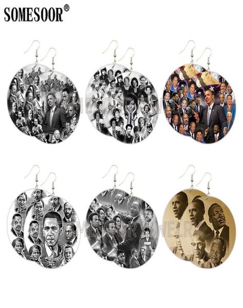 

somesoor aka black history leaders painted african wood drop earrings obama mandela michelle design pendant ear dangle jewelry2470398, Silver