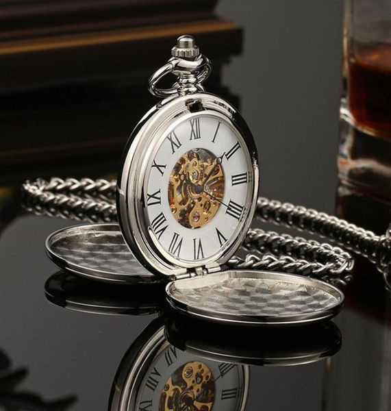 

pocket watches hand wind mechanical men watch skeleton dial steampunk necklace pendant vintage dress fob for weeding gift4146557, Slivery;golden