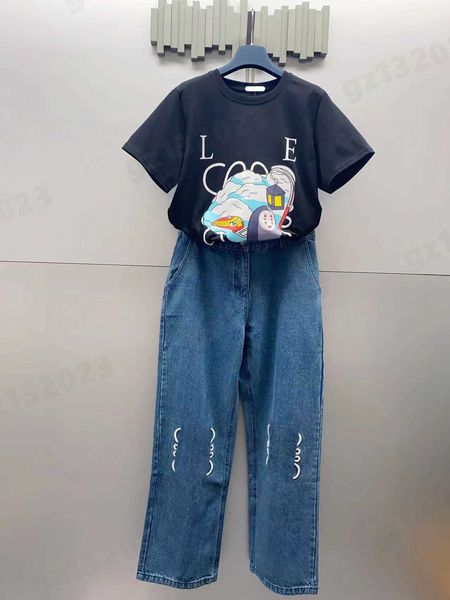 

two piece set for women pants italian fashion embroidered logo short sleeves t shirt straight leg wide leg jeans sets apparel designer women, White