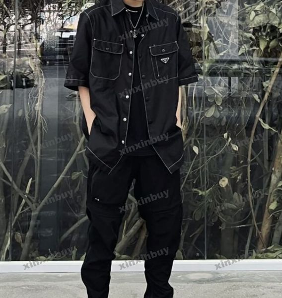 

xinxinbuy men designer tee t shirt 23ss white line metal triangle label pocket nylon short sleeve cotton women black white orange s-xl, Black;brown