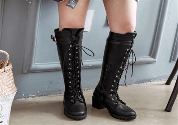 

boots pxelena vintage lace up riding knight knee high women square heels combat motorcycle long shoes4071322, Black