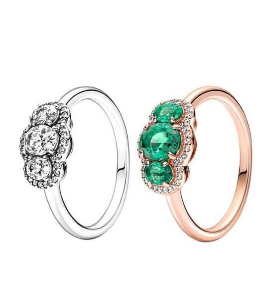 

925 sterling silver three stone vintage rings women girls green cz diamond party jewelry for pandora rose gold ring with original 2789326, Slivery;golden