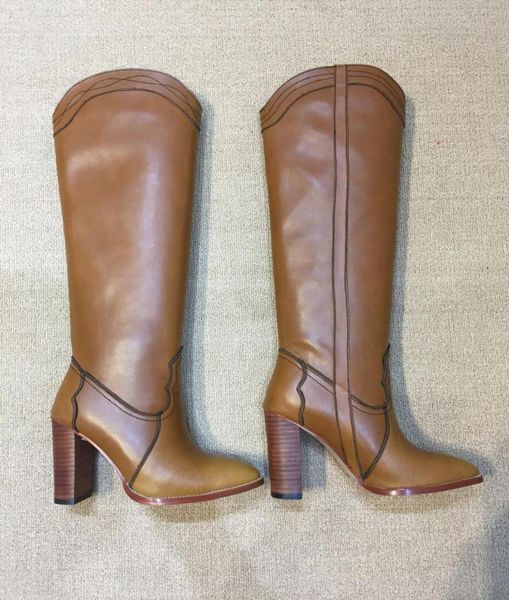 

2022 sheepskin leather long boots casual party dress shoes wooden 95cm heels knee boot kinght booties british style martin boot p9086742, Black