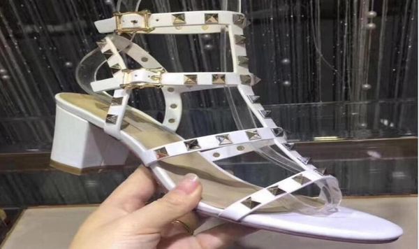 

2019 classics brand women high heel sandals black matte genuine leather rivets shoes coarse heel fashion wedding shoes 3542 box9881200