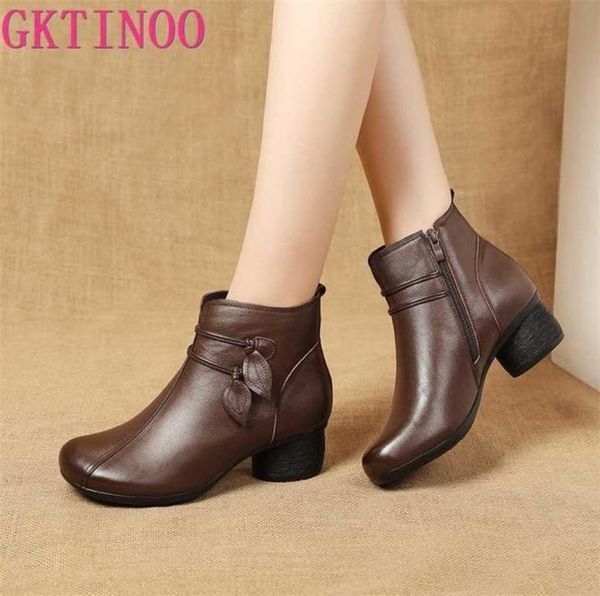 

gktinoo autumn winter thick heel ankle boots women warm shoes handmade genuine leather flowers zipper retro 2112274887047, Black