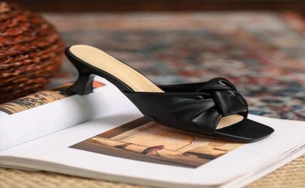 

t2020042301 black beige calf skin genuine leather knot kitten heels slides sandals1932151