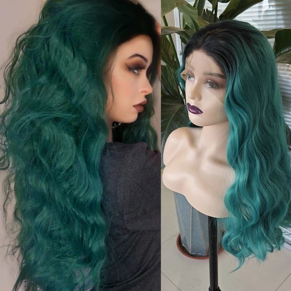 

ombre lime green loose wave synthetic wig long wavy green colored glueless lace front wigs daily makeup use women hair, Black
