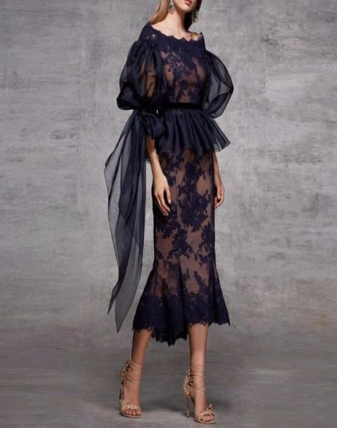 

scoop neck lace peplum mermaid evening dress ruched half sleeves tea length formal party prom dresses navy blue women gowns7887883, Black;red