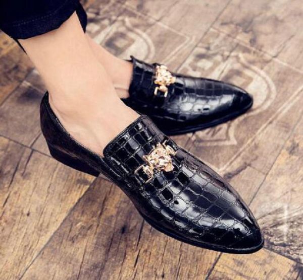 

men dress italian leather shoes slip on fashion men leather moccasin glitter formal male shoes pointed toe shoes for men9604607, Black