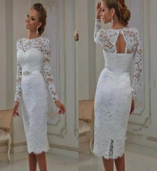

vintage informal casual wedding dresses tea length lace long sleeves short vestido de noiva sheath high jewel neck bridal gowns7971727, White