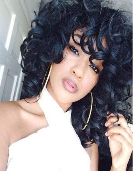 

short fluffy wavy wigs big curls lace front for black women african american human hair 150density wig with bangs diva19236264, Black;brown